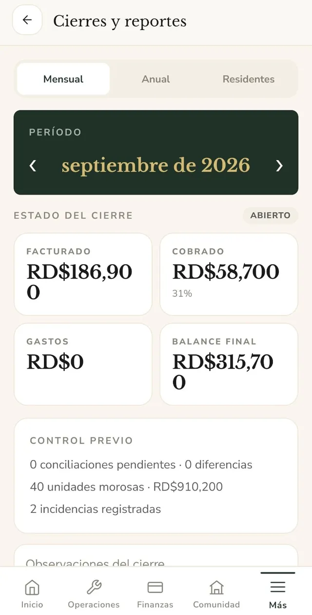 Cierre financiero y reporte mensual de un condominio en Resivia
