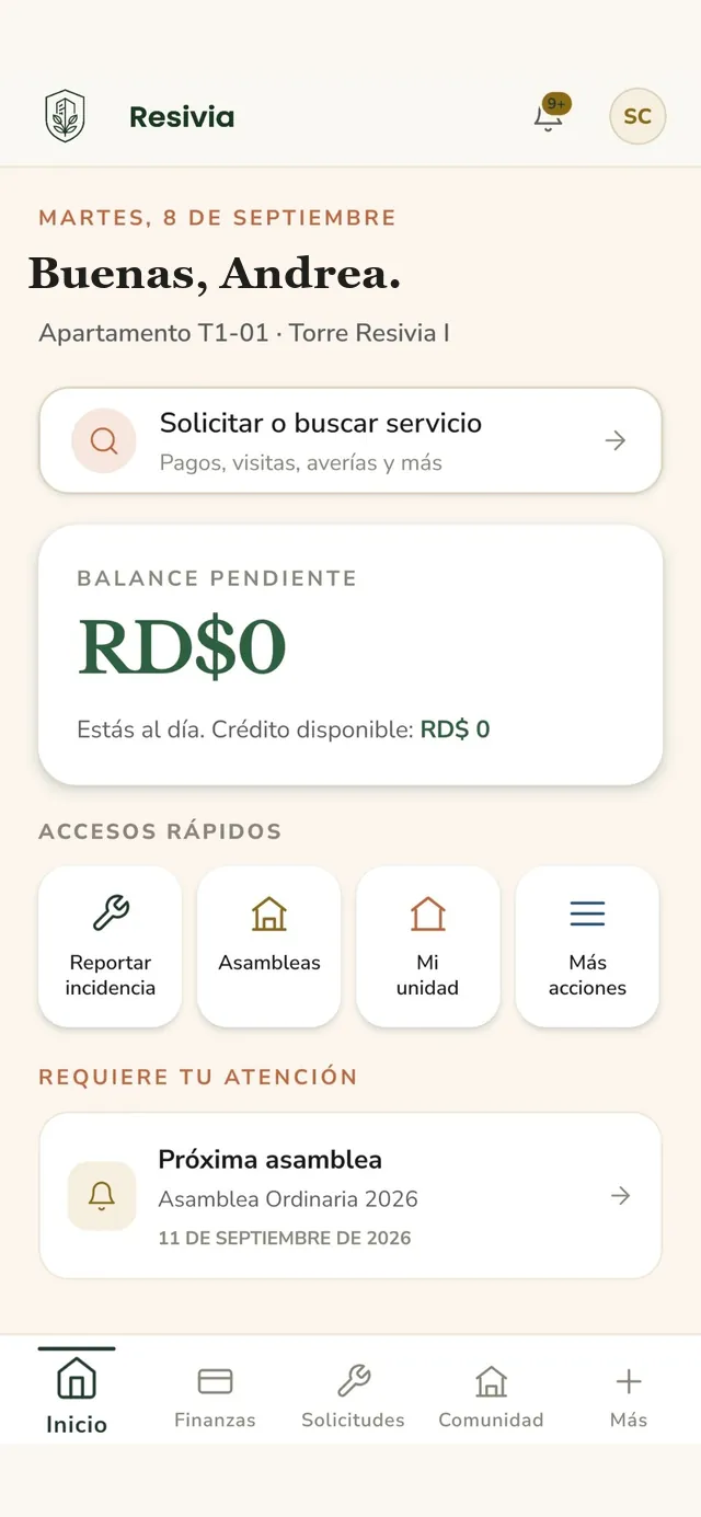 Pantalla de inicio para residentes en la app de Resivia